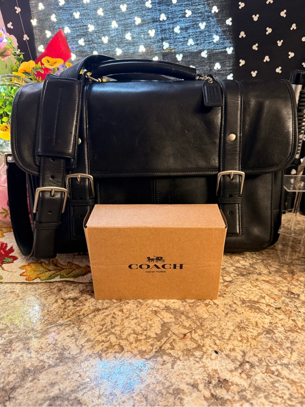 Coach Black Leather Messenger Bag with Buckle Straps